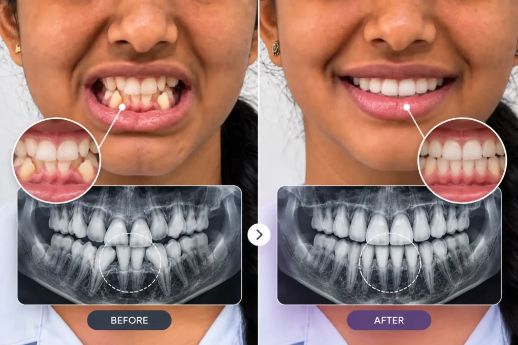 Case Study: Invisalign Treatment for Severe Dental Crowding in a 13-Year-Old 5 dental crowding front view xray before after